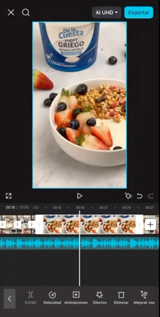 Edición de un video de comida en CapCut desde el celular